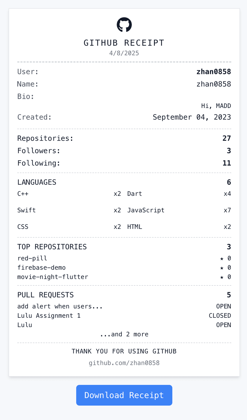 GitHub Cards Receipt Layout