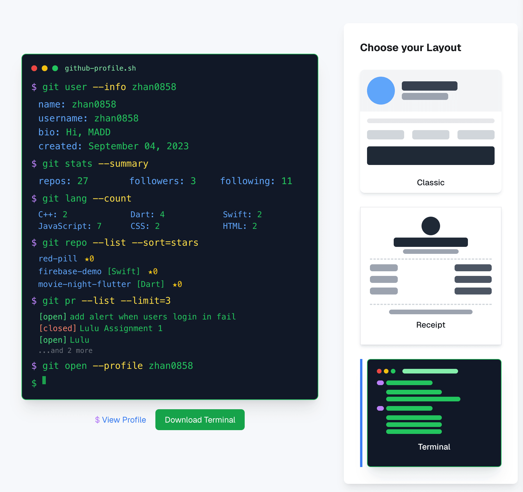 GitHub Cards Terminal Layout
